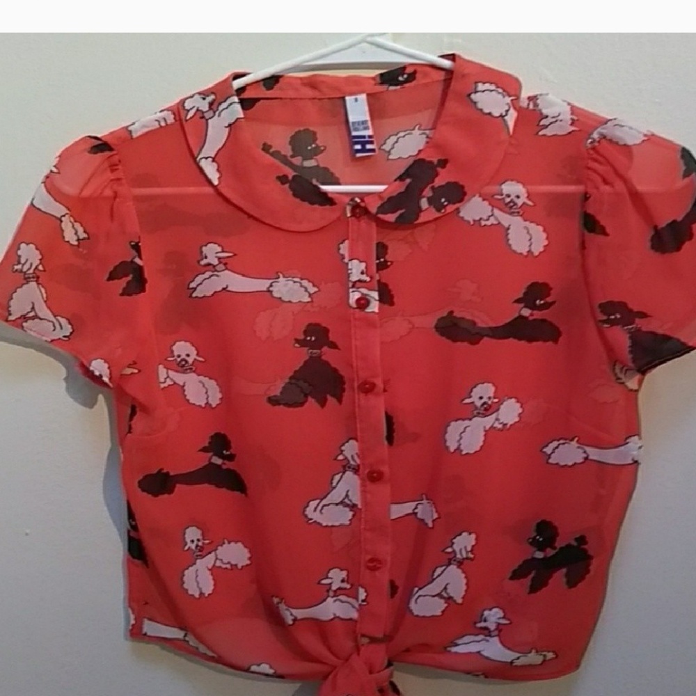 Tie-front Peter Pan Collar Poodle-print Shirt